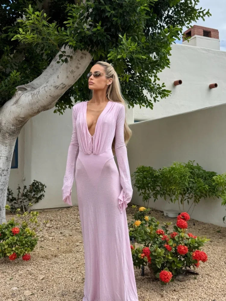 Y2k Maxi Dress for Women with Deep V Cutout and Long Sleeves