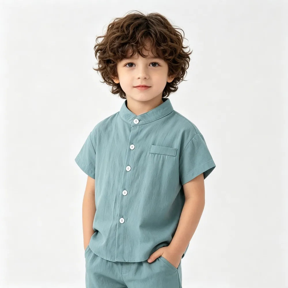 Boys Cotton Short Sleeve Dress Shirt Blouse for Summer