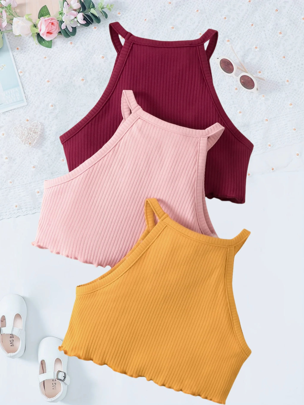 Multi-Color Ribbed Sleeveless Tops for Girls in Summer