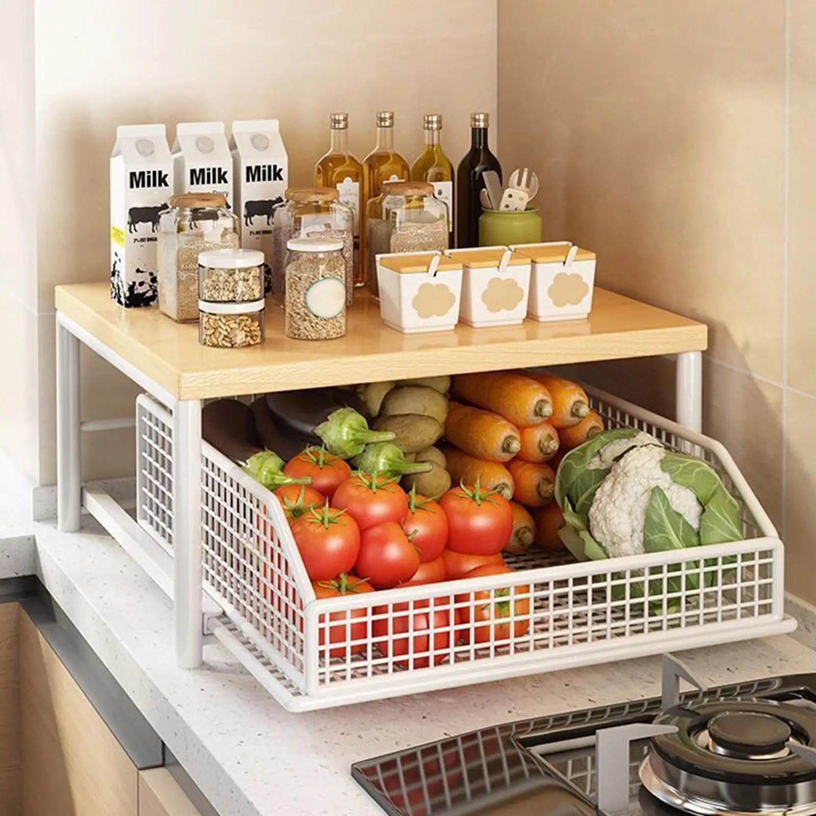 Wooden Kitchen Storage Rack with Drawer for Small Spaces