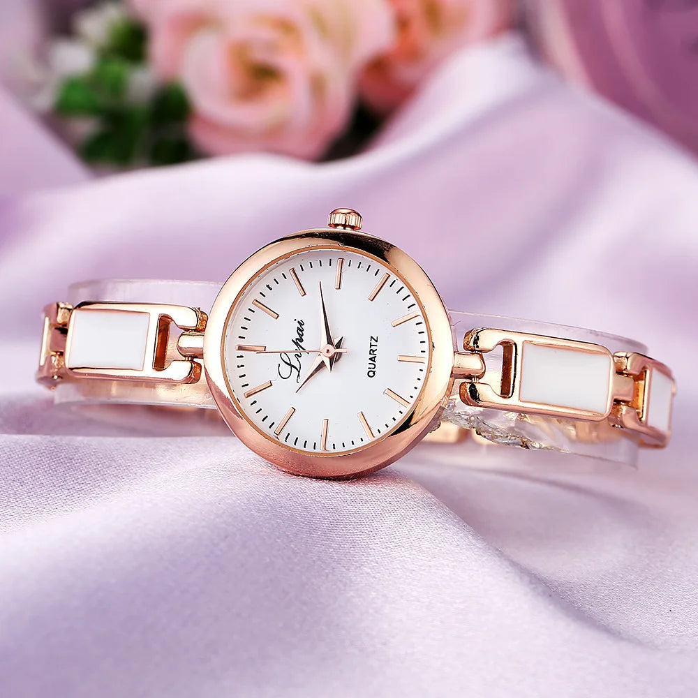 Elegant Rose Silver Quartz Bracelet Watch for Women