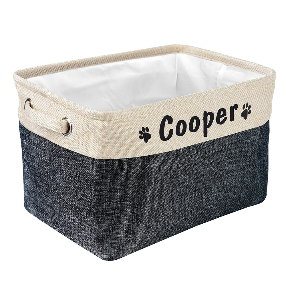 Personalized Linen Pet Toy Storage Basket in Coffee Gray Purple