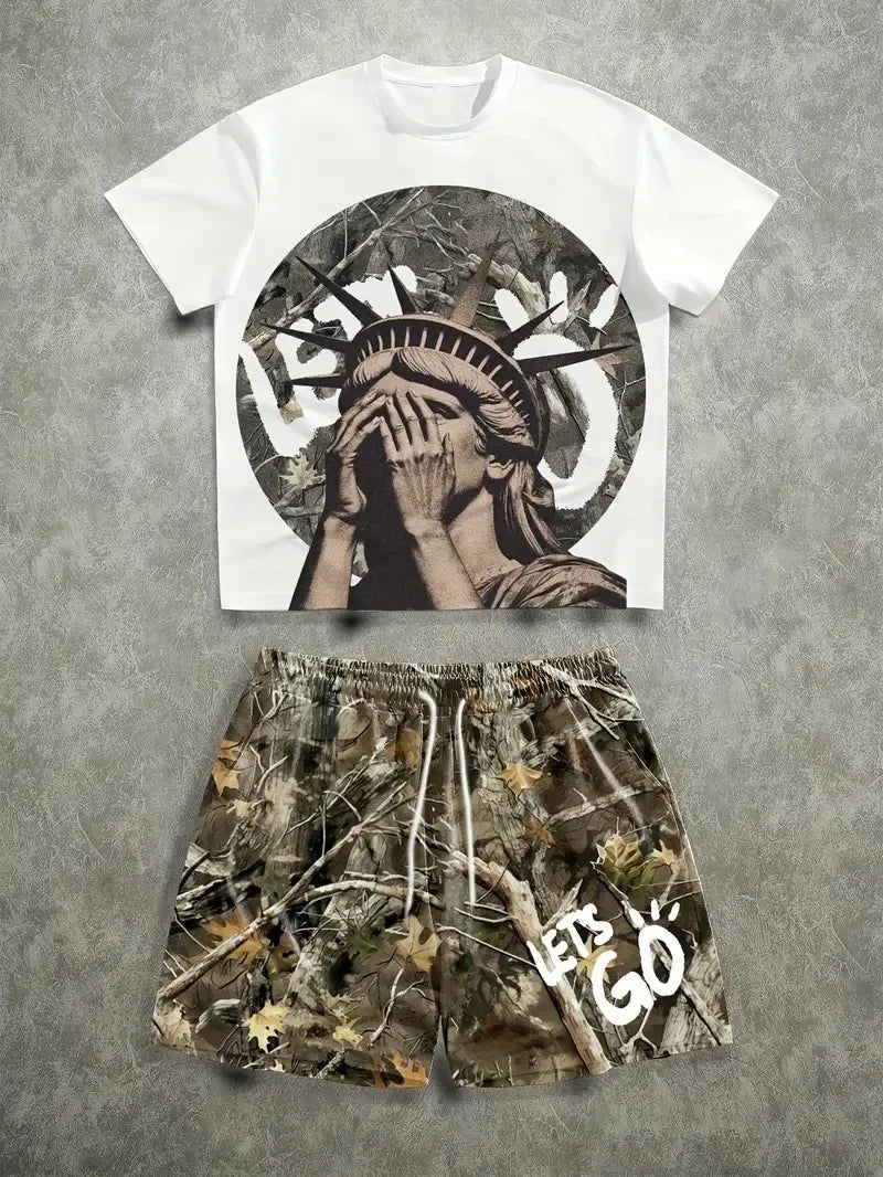 The 2025 summer new men's set features street casual hip-hop fashion comfort and softness with 3D pattern prints