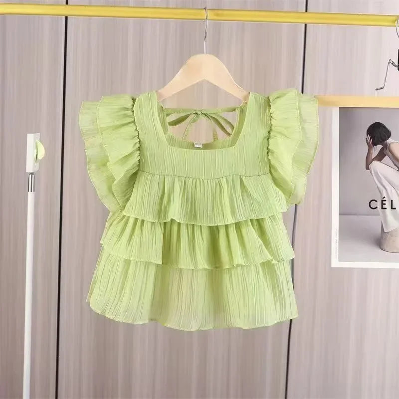 Girls Casual Cotton Ruffled Sleeveless Summer Blouse