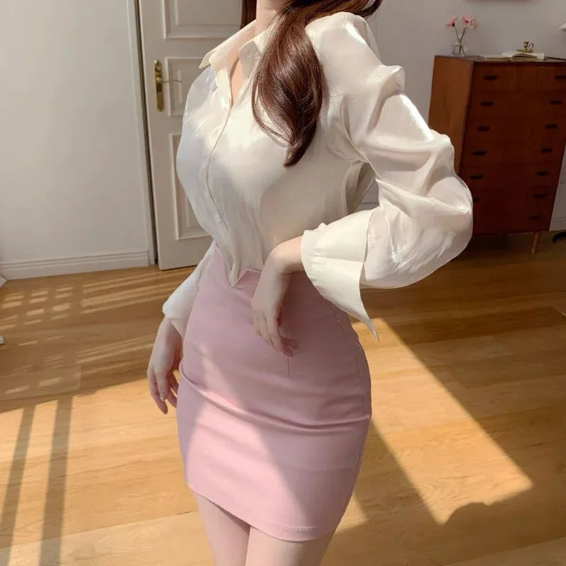 Slim Fit High Waist Pink Office Wrap Skirt for Women