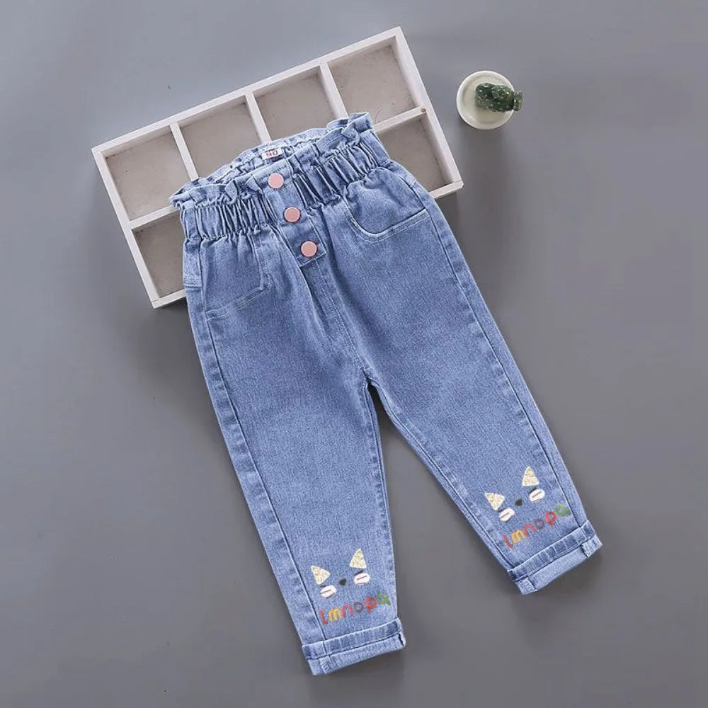 Girls Denim Pencil Pants with Elastic Waist for Casual Wear