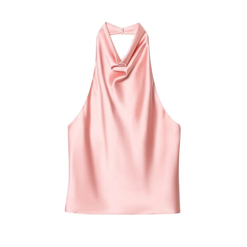 MUJER Black Satin Backless Halter Top for Women Summer Nights