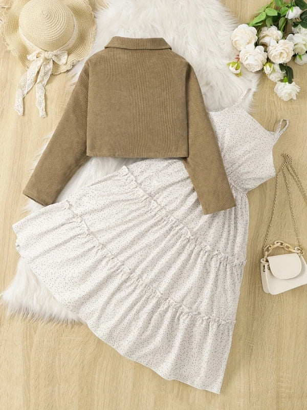 Khaki Corduroy Two-Piece Set for Girls Ages 7-13