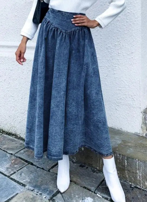 Solid Color High Waist A-Line Denim Skirt for Women