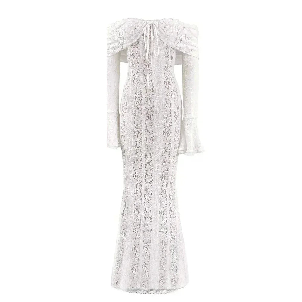 Elegant White Evening Dress with Red Lace Long Sleeves