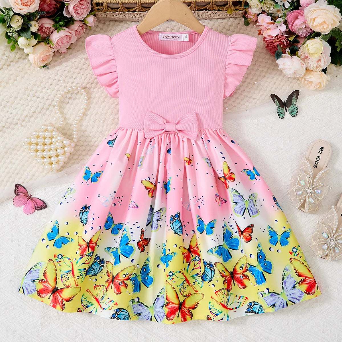 Denim Print Casual Dress for Girls with Bow and Ruffled Sleeves
