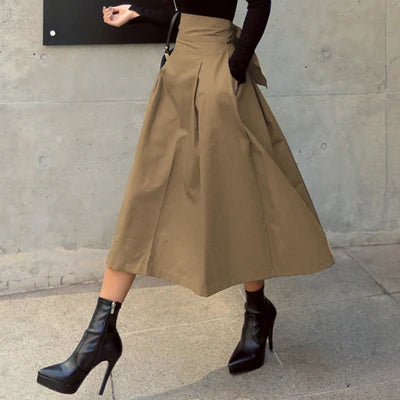 Long A-Line Skirt for Women in Solid Color with Bow Detail