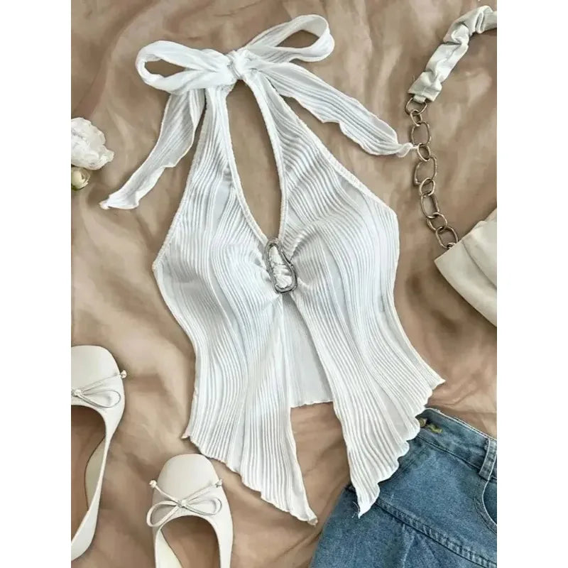 Women's Sexy V-neck Halter Neck Crop Top in Solid Colors