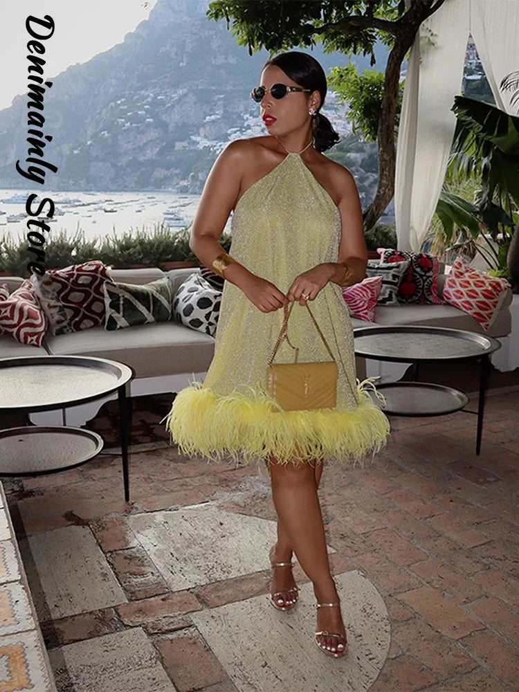 Chin.Sweety Sexy Feather Patchork Sling Dress for Women