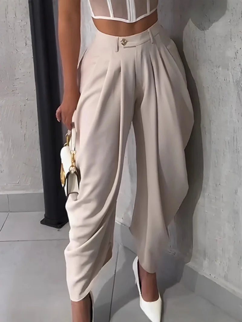 High Waist Solid Color Pleated Pants for Women by LINLING