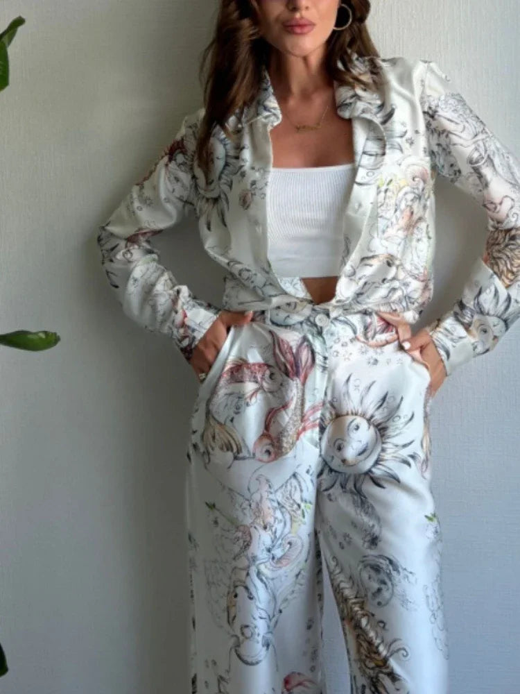 Elegant Print Long Sleeve Shirt and Wide Leg Pants Set