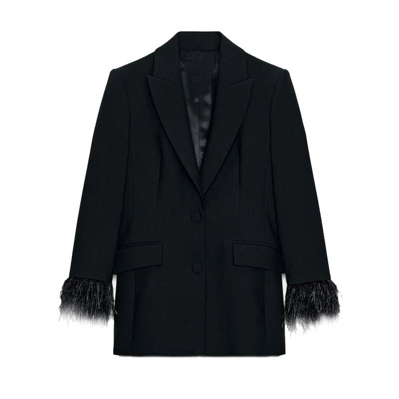 Chin.Sweety Women's Feather Blazer Pants Set for Office Wear