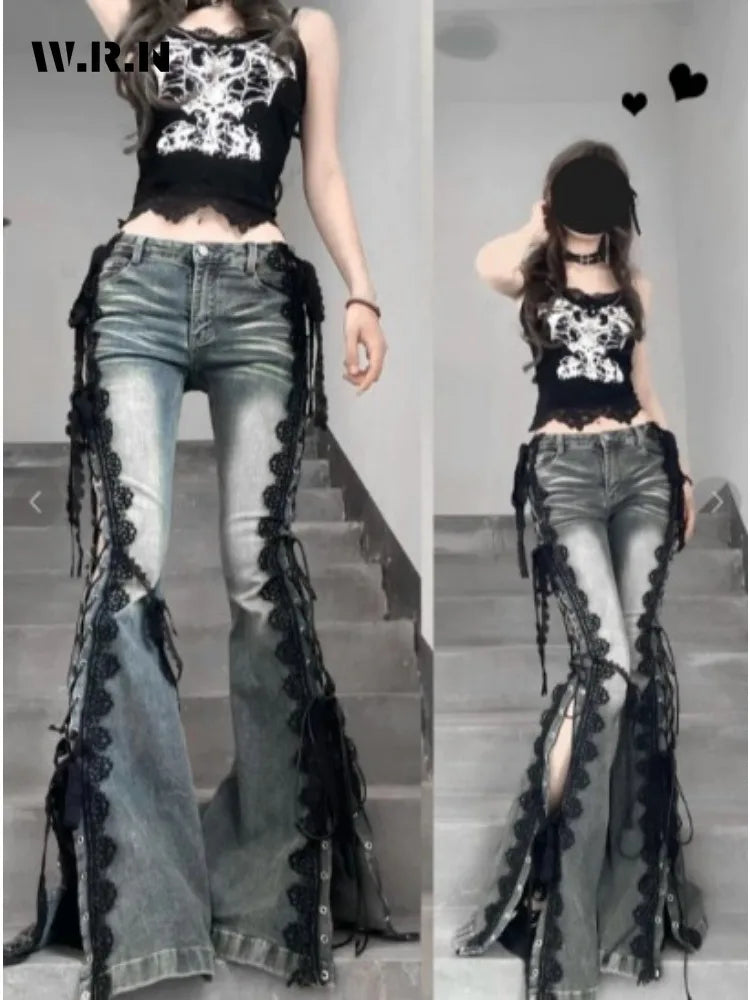 Slim High Rise Flare Jeans for Women with Lace Detail