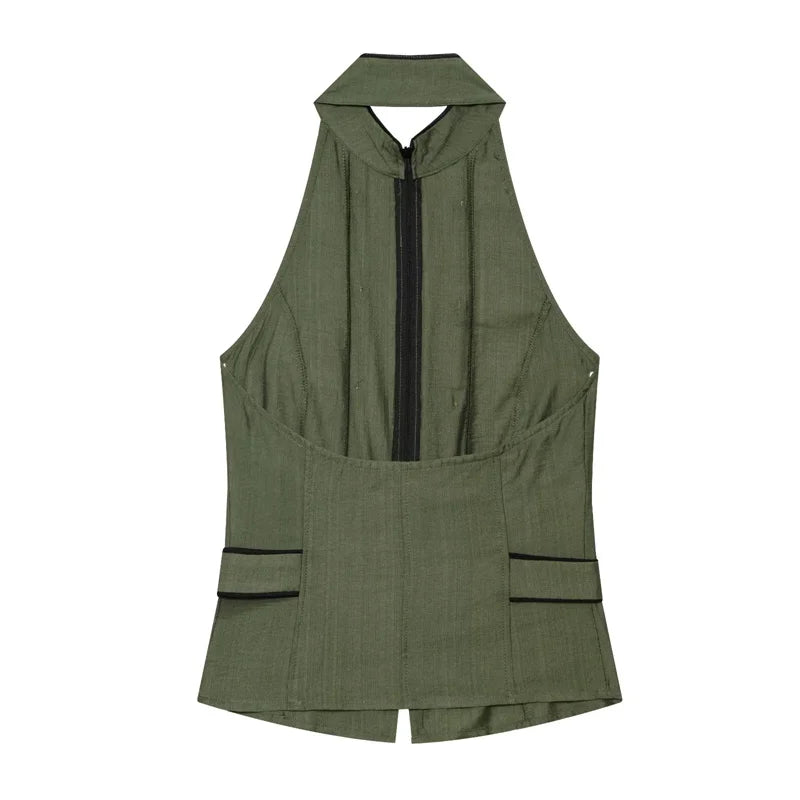 Women's Top 2026 New Summer Backless Halter Top with Button Details Elegant Chic Ladies TSlim Top