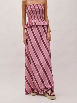 MALEY LifeStyle Women's Striped Midi Skirt and Strapless Top Set