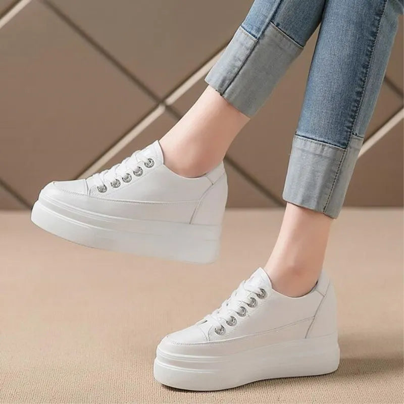Women's White Platform Sneakers with 8CM Heels for Autumn