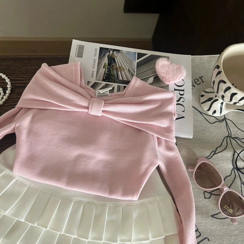 Korean Style Girls Two Piece Set with Elegant Pleated Skirt