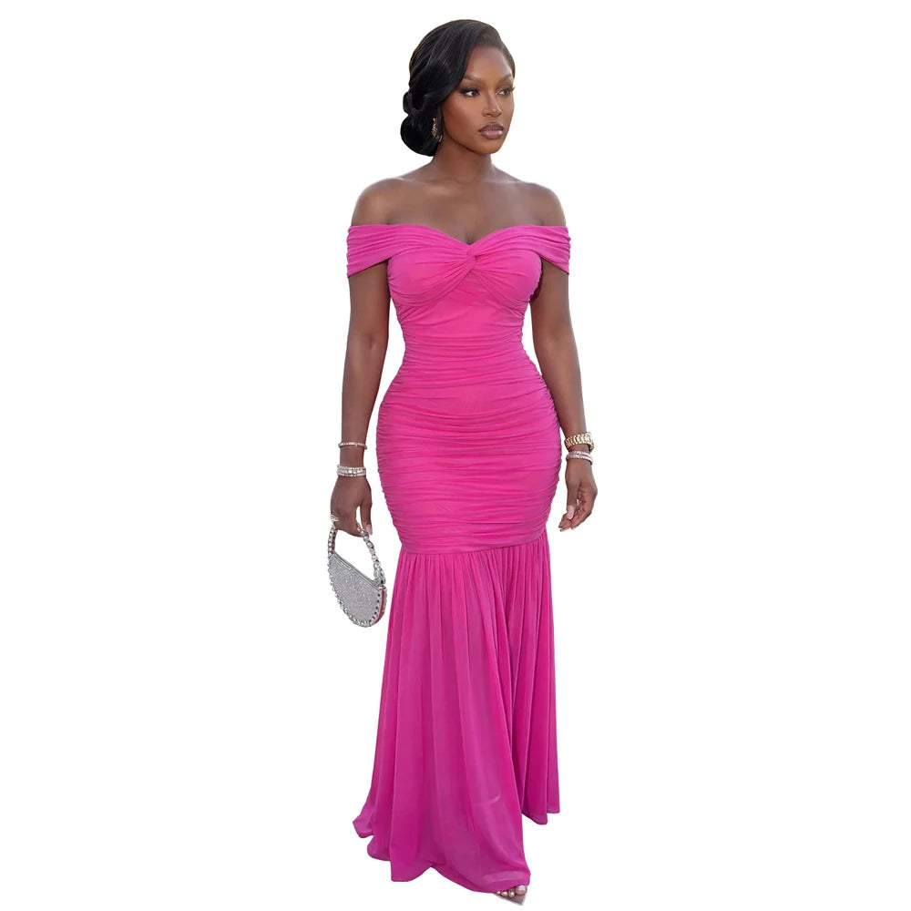 Elegant Off Shoulder Ruched Maxi Dress for Evening Events