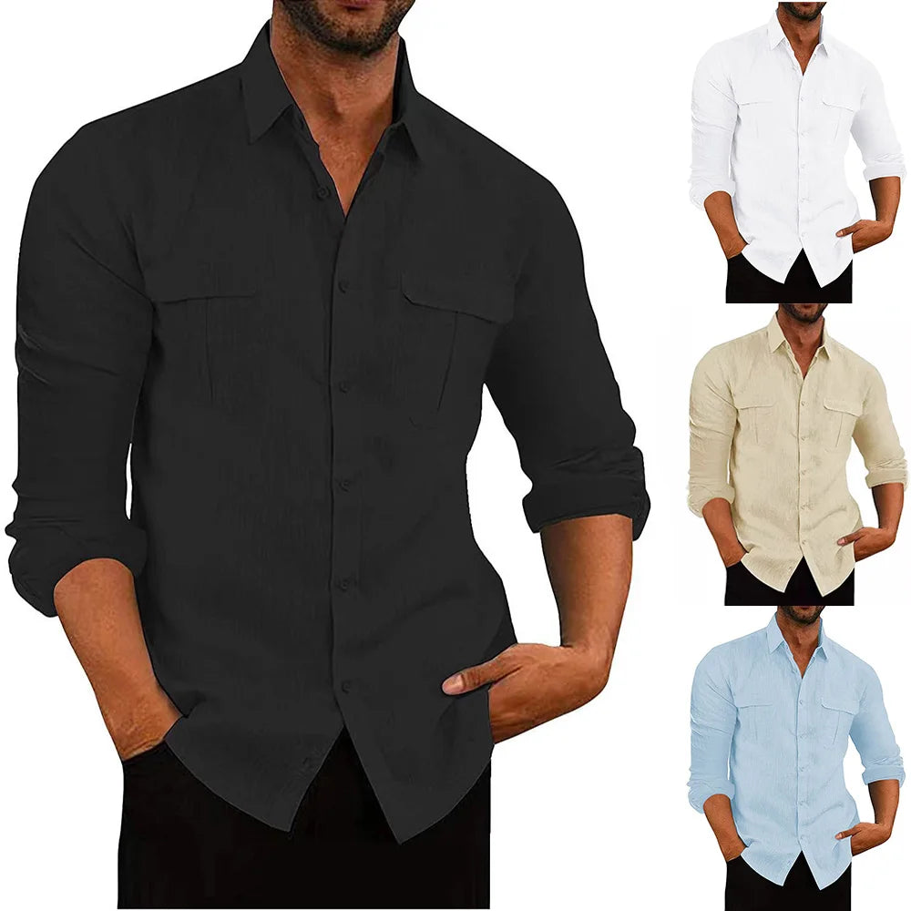 Men's Casual Cotton Linen Long Sleeve Shirt for Autumn