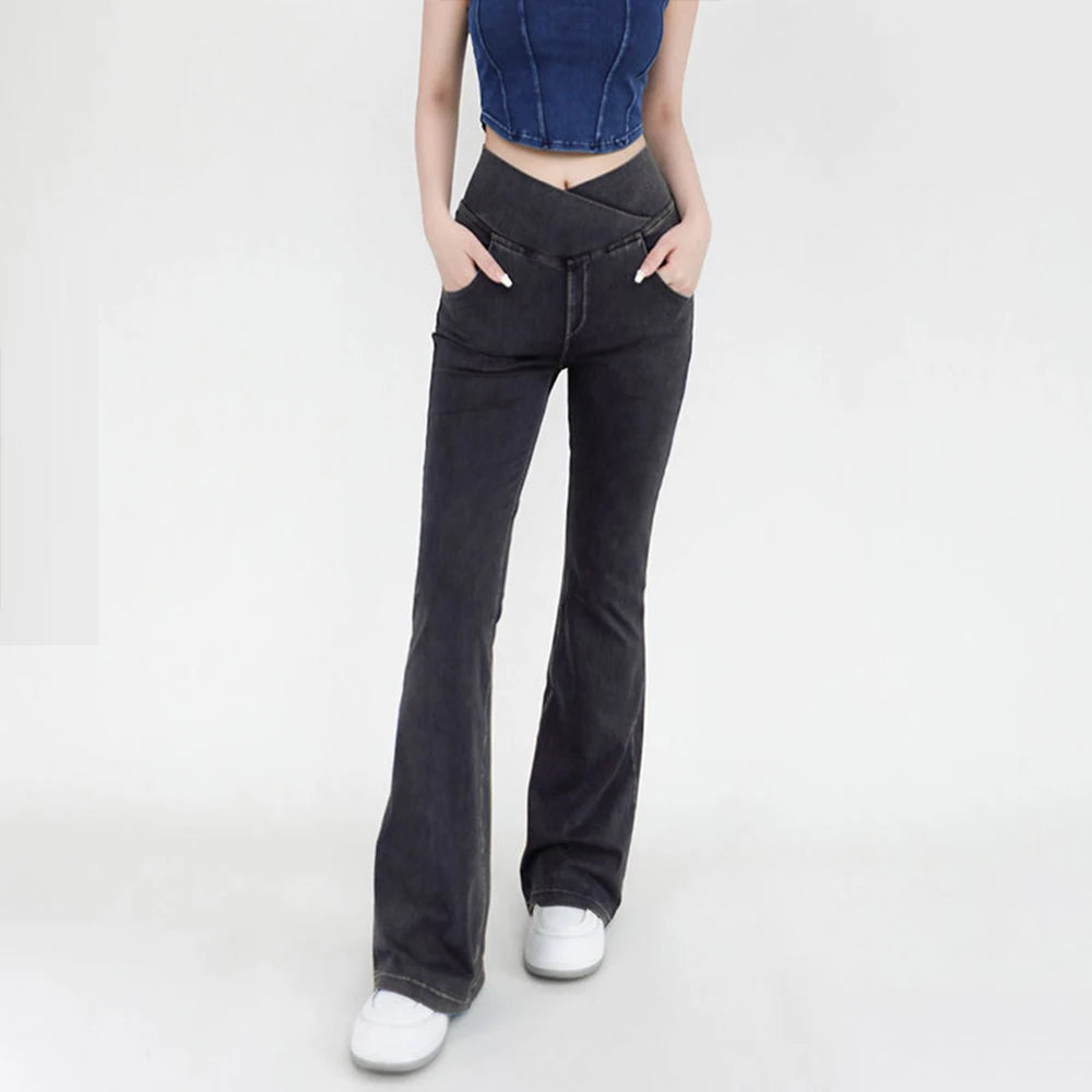 Flared Yoga Jeans for Women with Elastic Waist Design