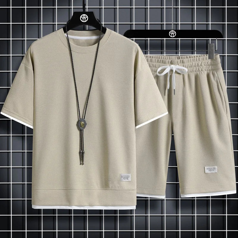 Men's Summer Waffle Set Brand Fashion Casual T-shirt Shorts Set Men's Sports Set Loose ComfortableSlow Running Quick Sports Suit