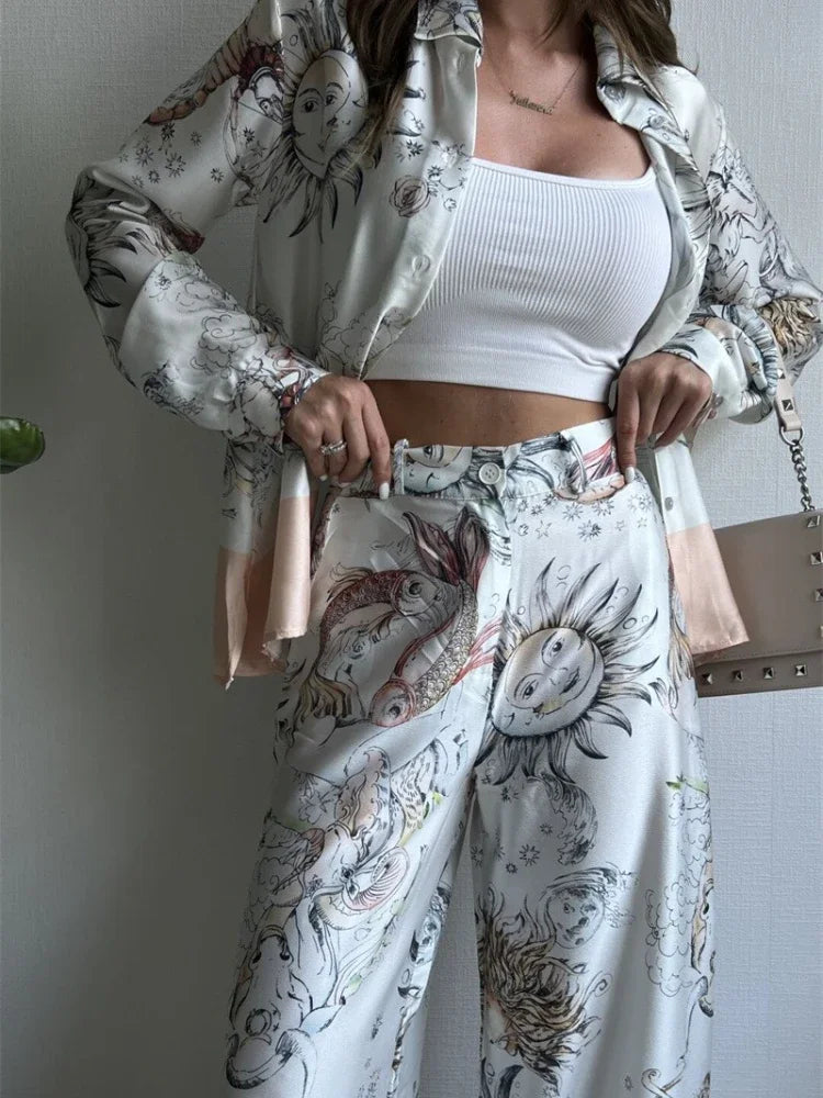 Elegant Print Long Sleeve Shirt and Wide Leg Pants Set