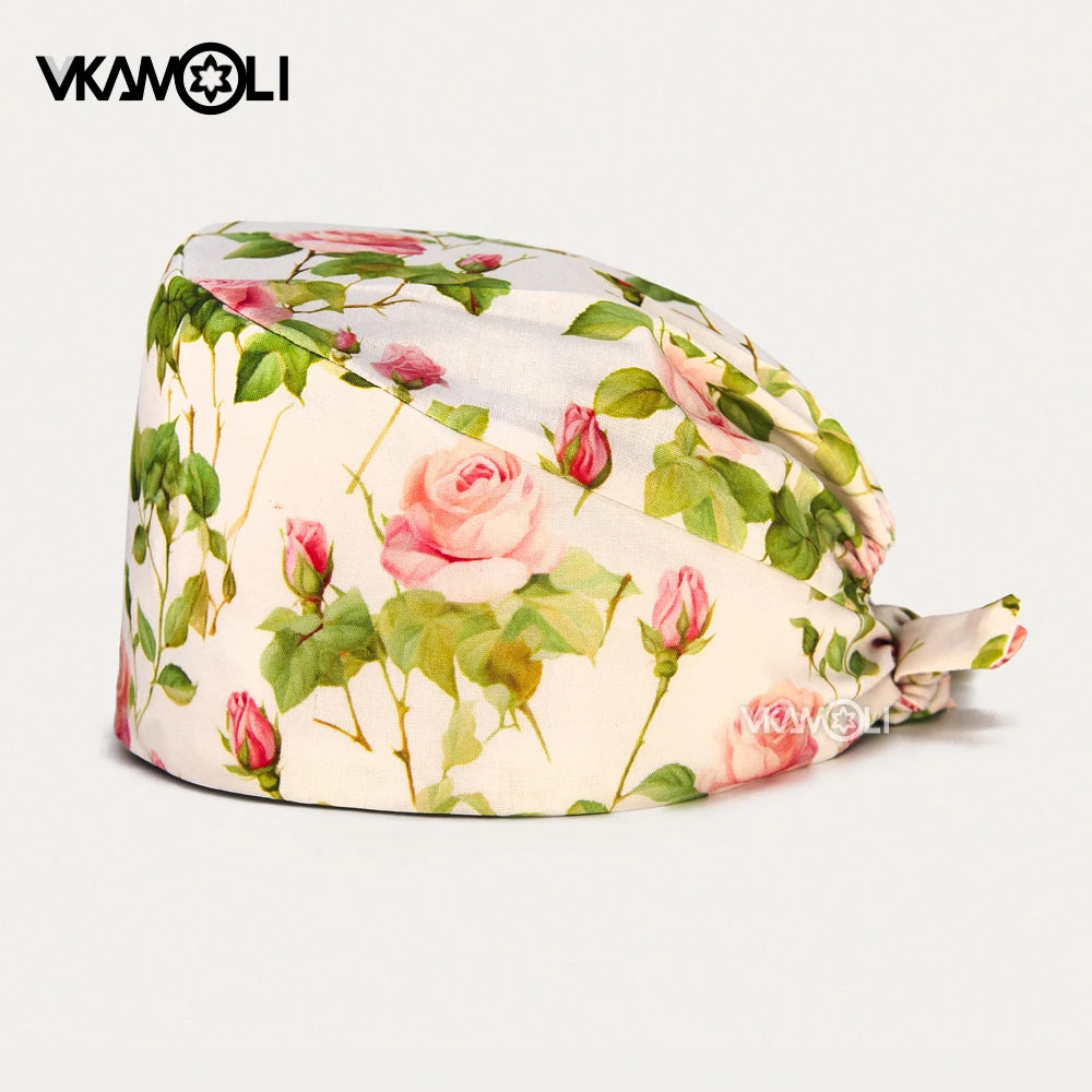 Adjustable Cotton Flower Print Scrub Caps for Women and Men