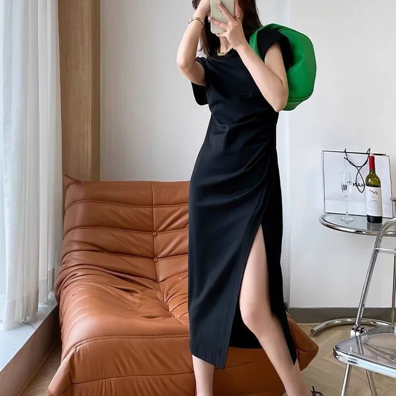 Chic White Cotton Blend Midi Dress for Women