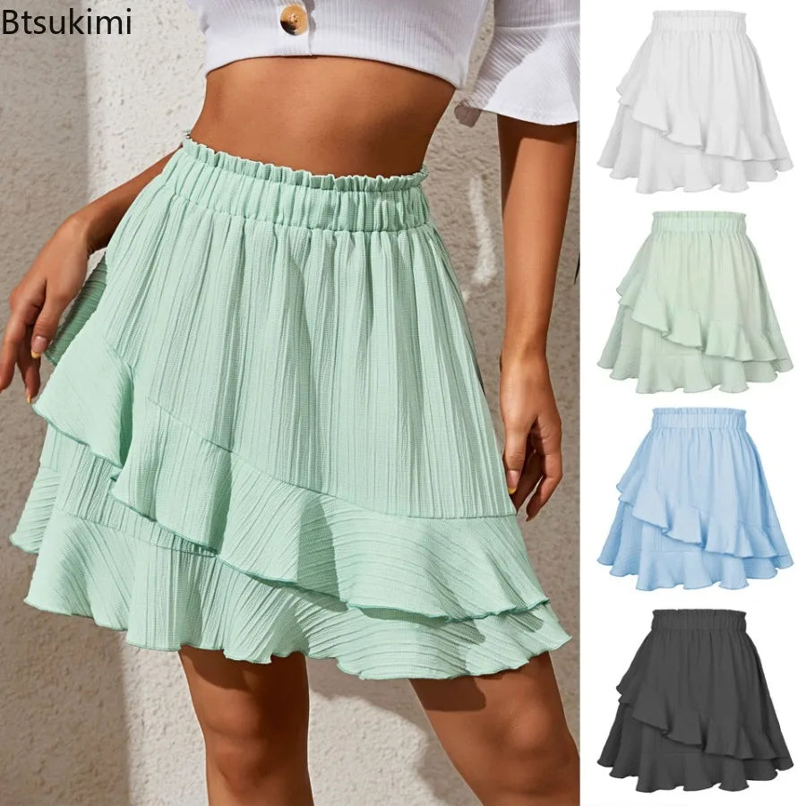 Stylish High Waist Ruffle Skirt for Women in Solid Colors