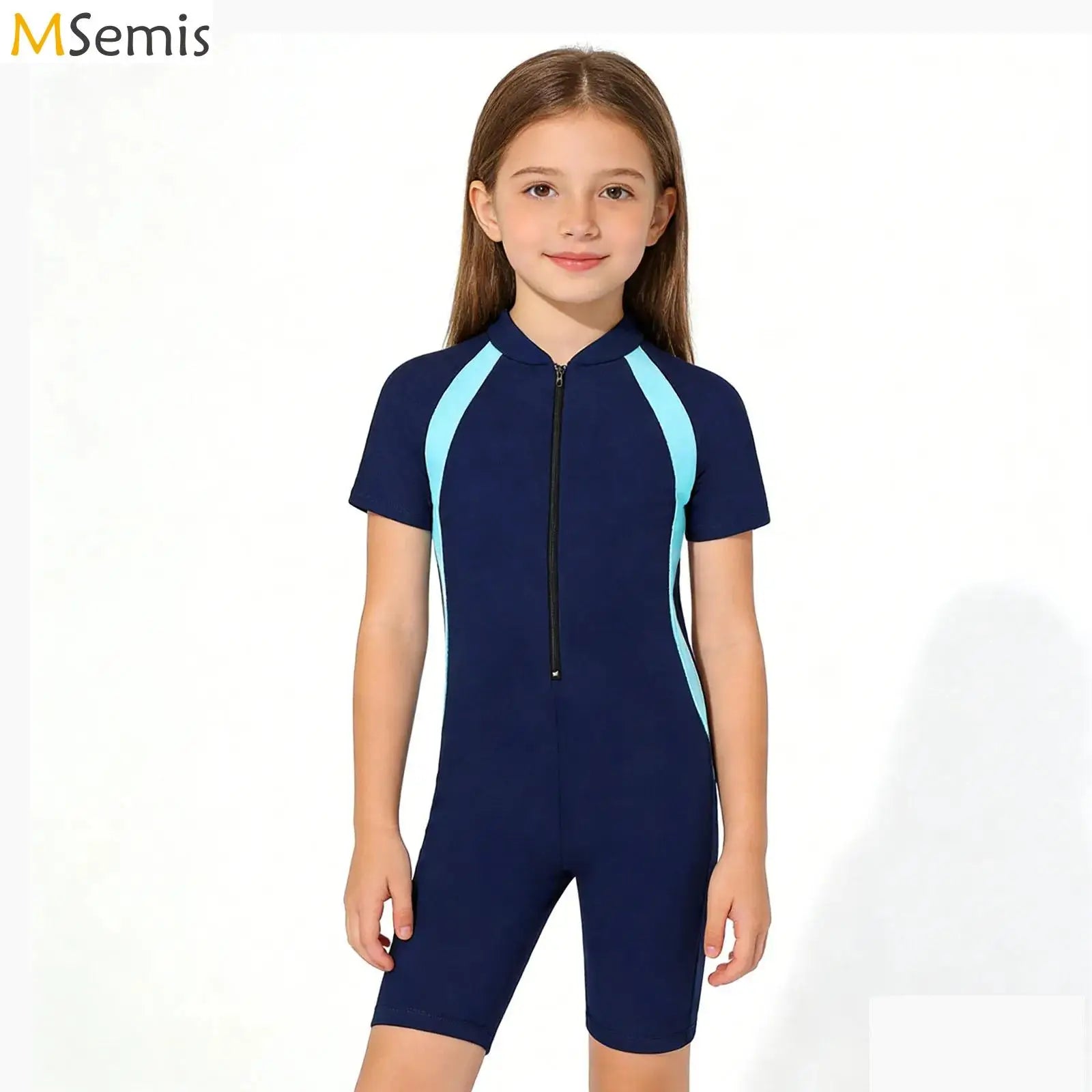 Girls Short Sleeve Wetsuit Swimsuit with Zippered Closure