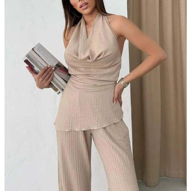 MUJER 2025 Textured Halter Backless Top and High Waist Pants