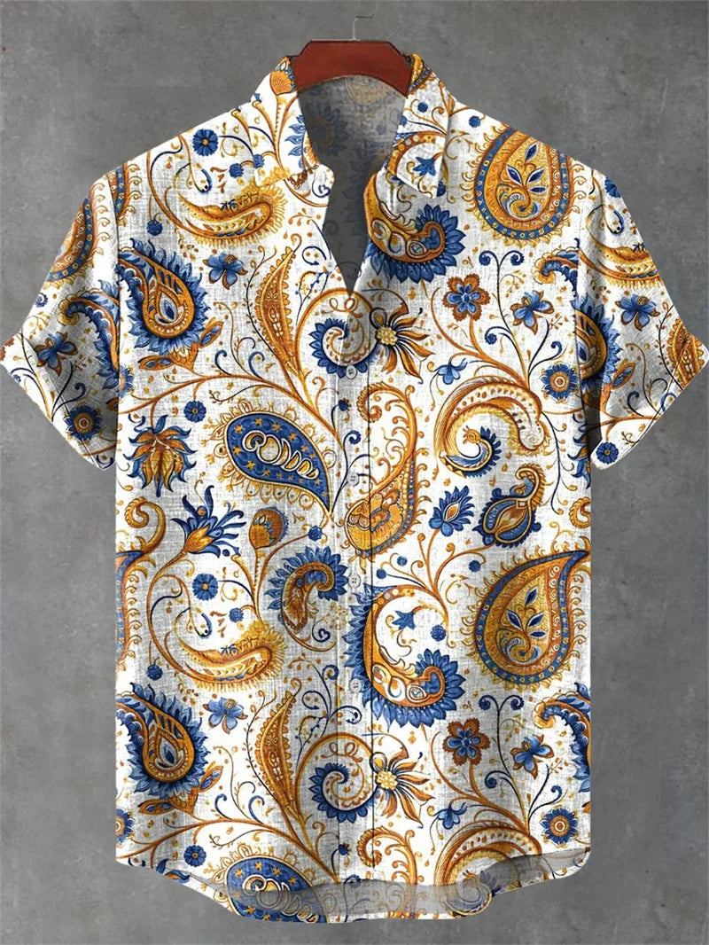 New Vintage Style Men's Linen Short Sleeve Shirt Flower Top Fashion Casual Holiday Fashion Men's Printed Shirt