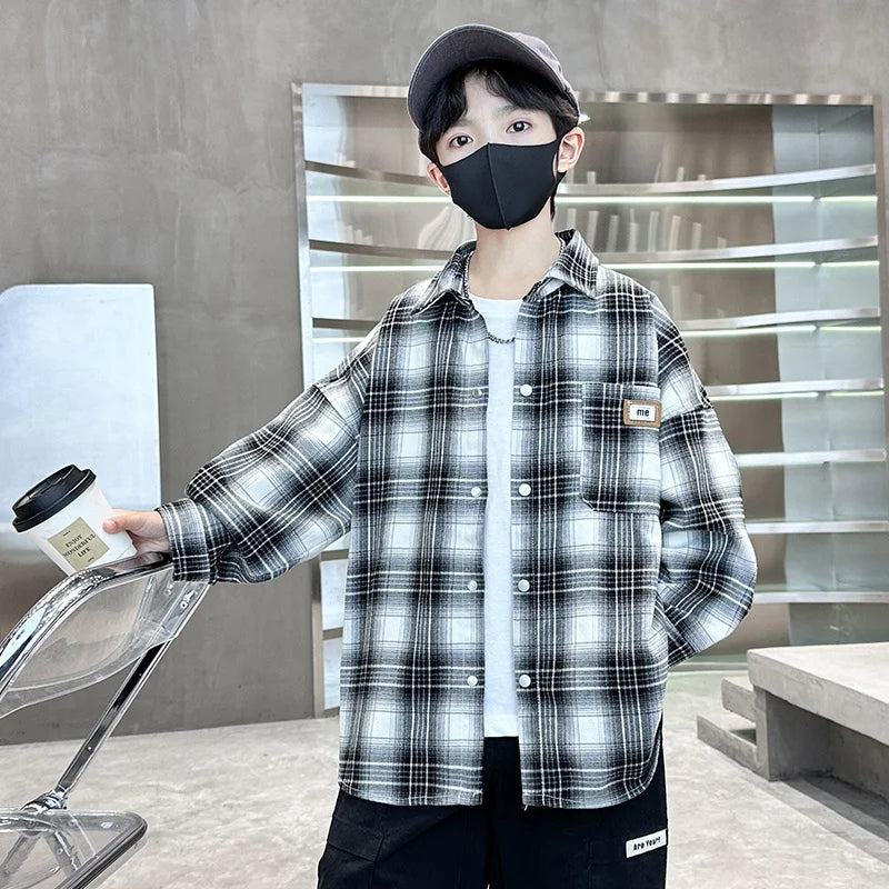 Boys Long Sleeve Plaid Shirt in Black and White for Kids