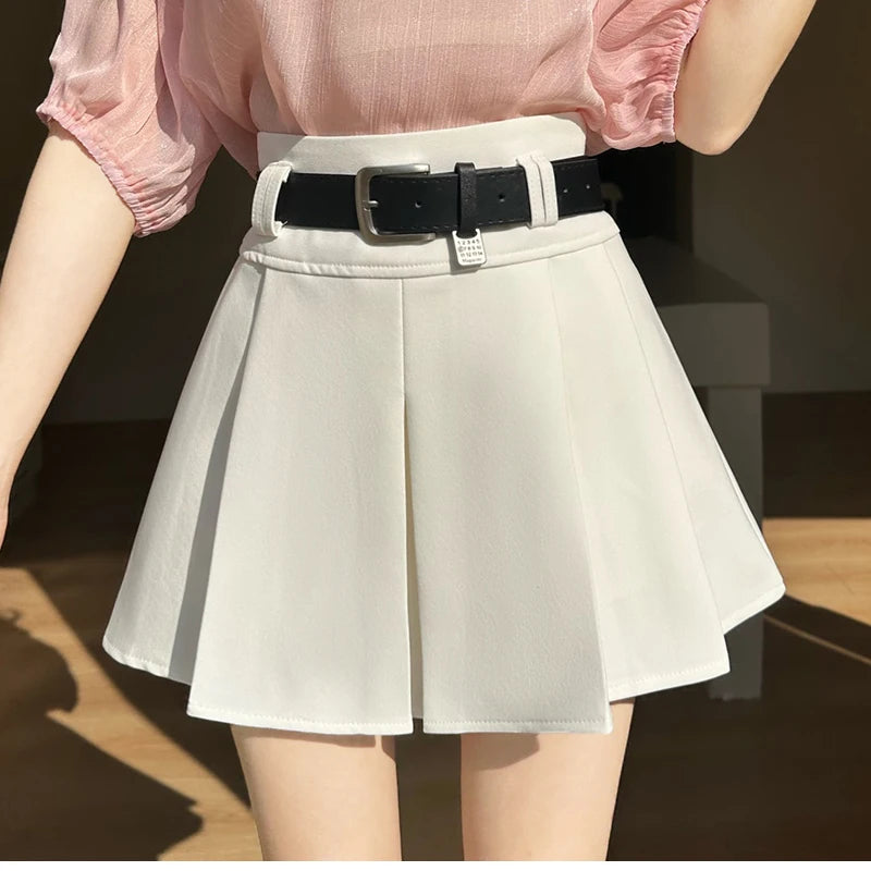 Gray High-waisted Pleated Skirt for Women with Belt