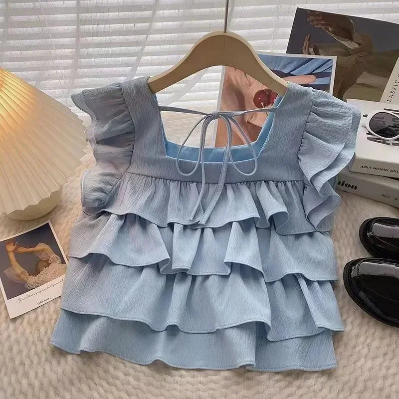 Girls Casual Cotton Ruffled Sleeveless Summer Blouse