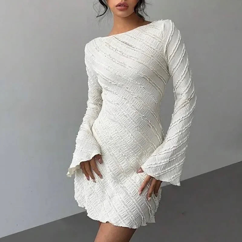 Classic White Knitted Women's Dress with Boat Collar