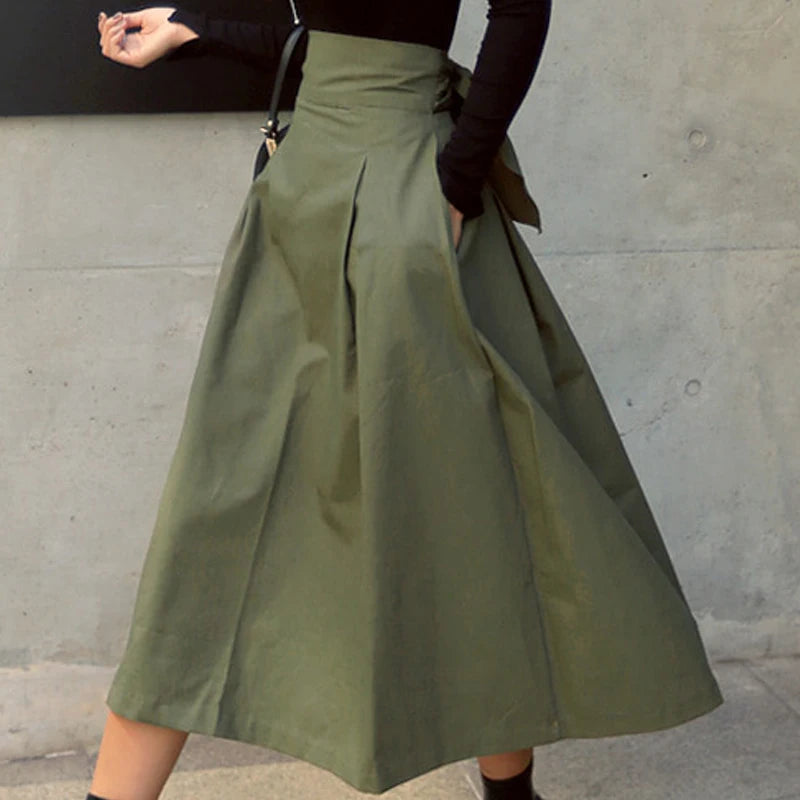 Long A-Line Skirt for Women in Solid Color with Bow Detail