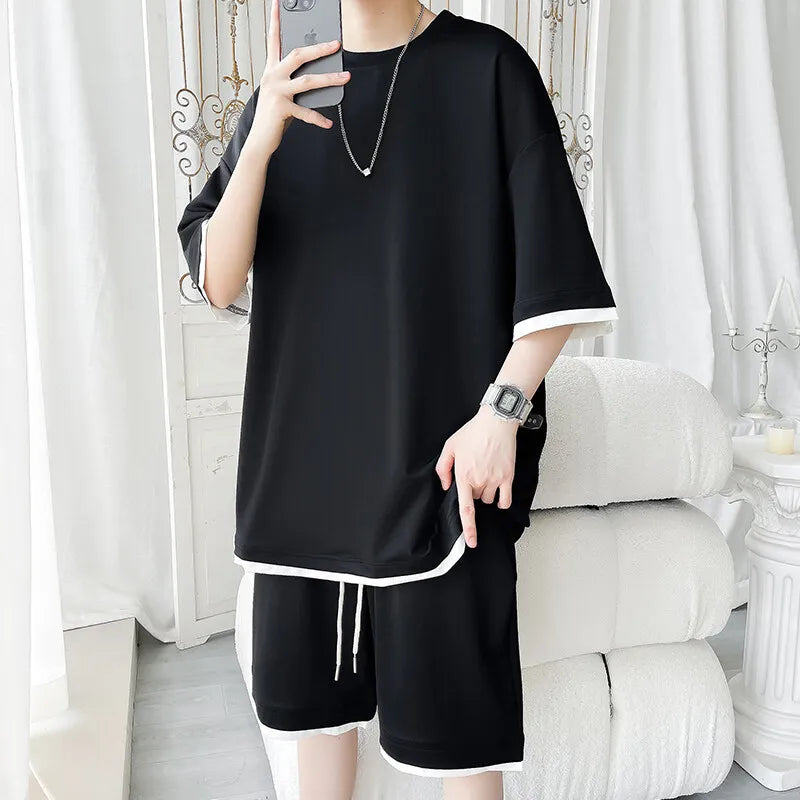 Men's Summer Solid Color 2-Piece T-Shirt and Shorts Set Casual Wear
