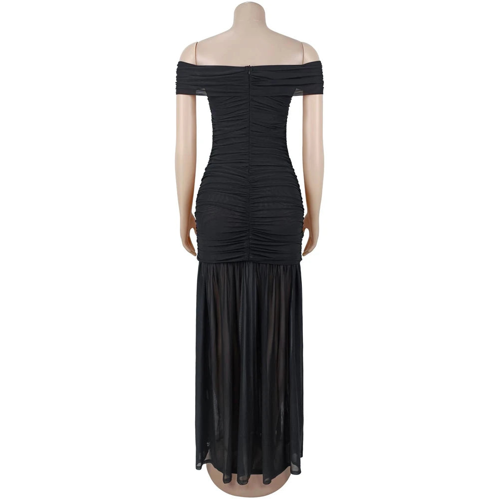 Elegant Off Shoulder Ruched Maxi Dress for Evening Events