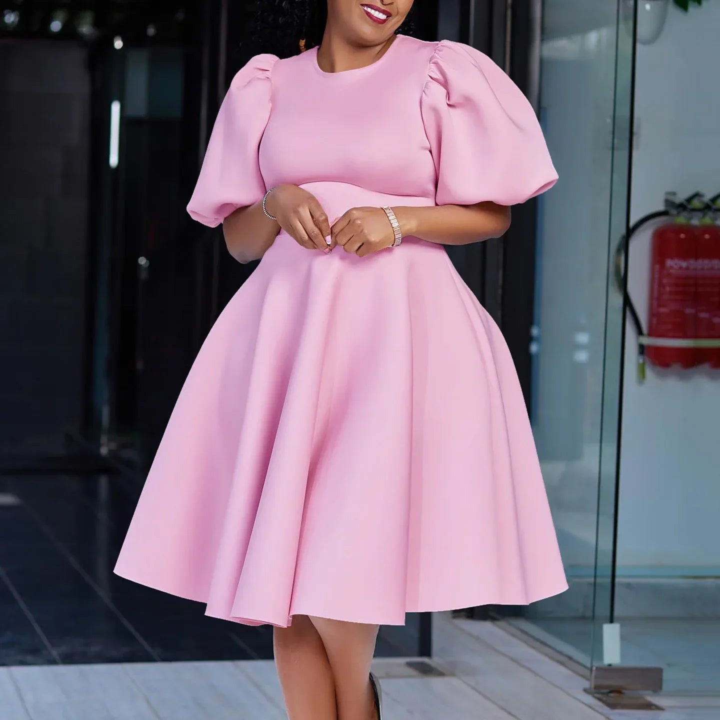 Luxury Polyester A-Line Dress with O Neck for Women