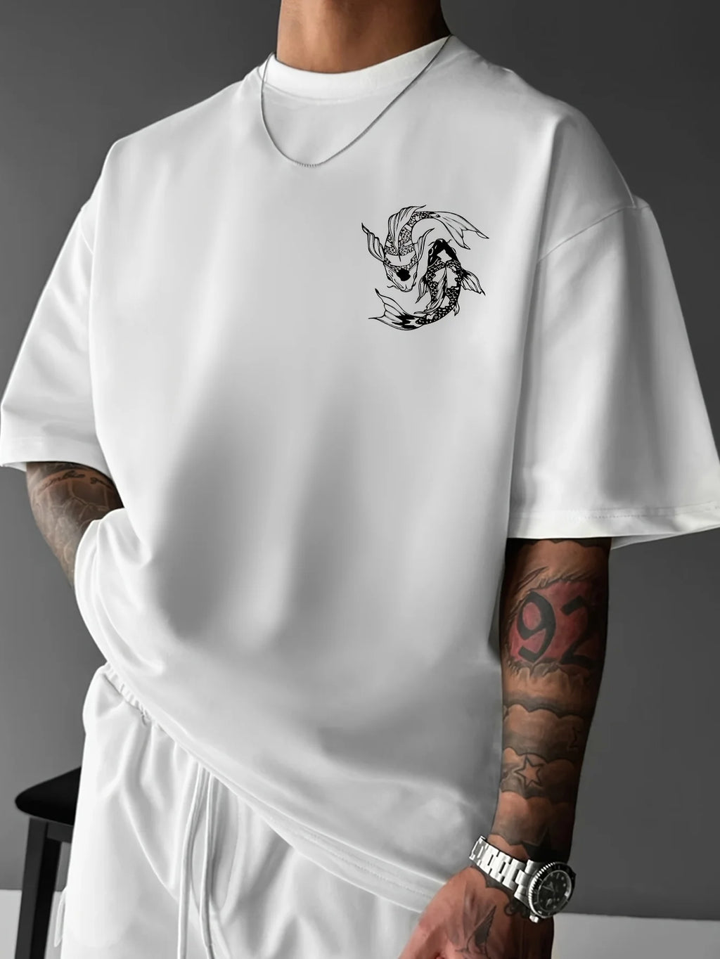 Men Loose Summer T-shirt Geometric Fish Pattern Print Street Style 100% Cotton Fabric Versatile Casual Top Suitable Daily Wear