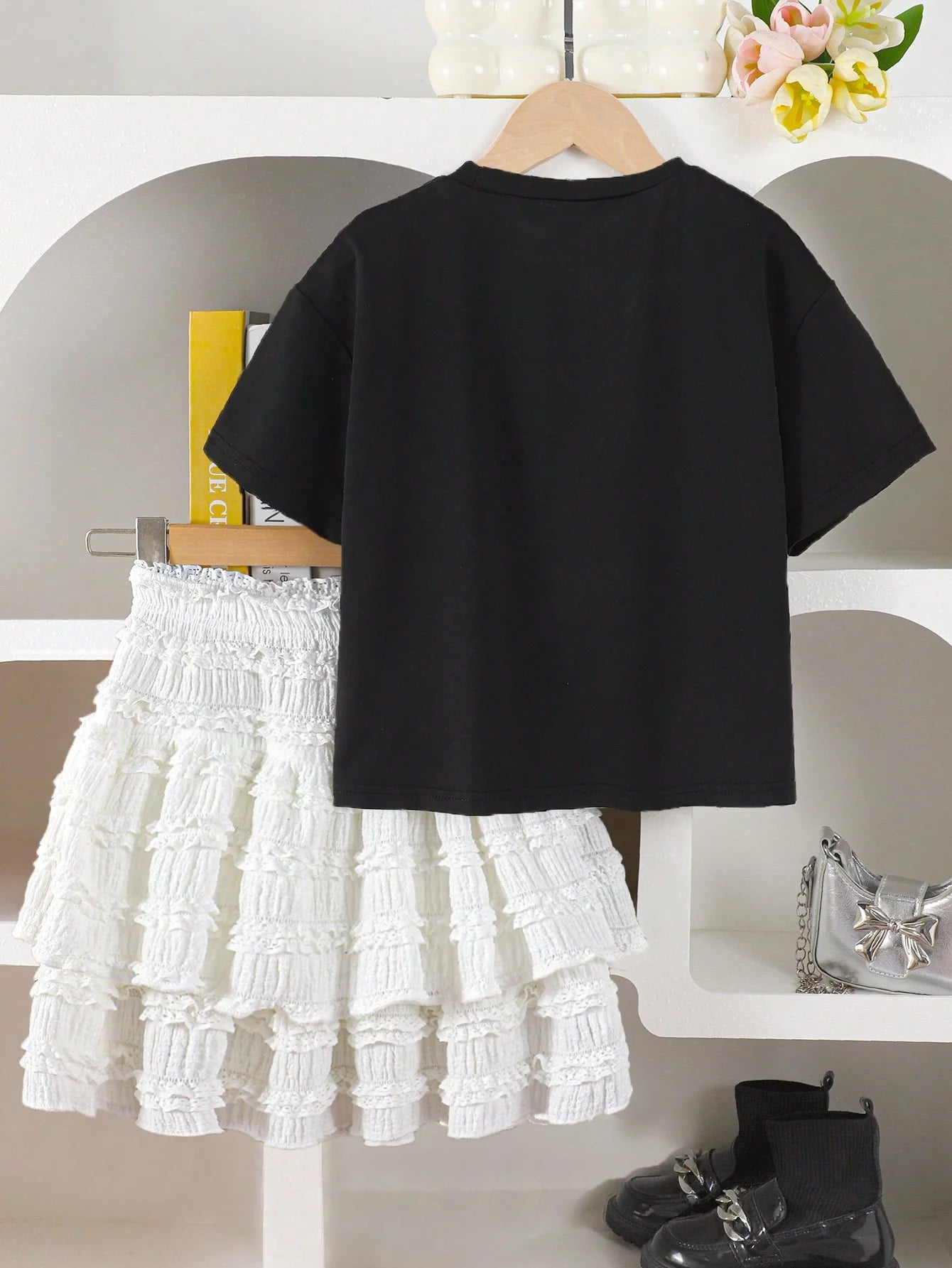Girls' Cute Summer Two-Piece Set: Black Bow T-Shirt & White Skirt