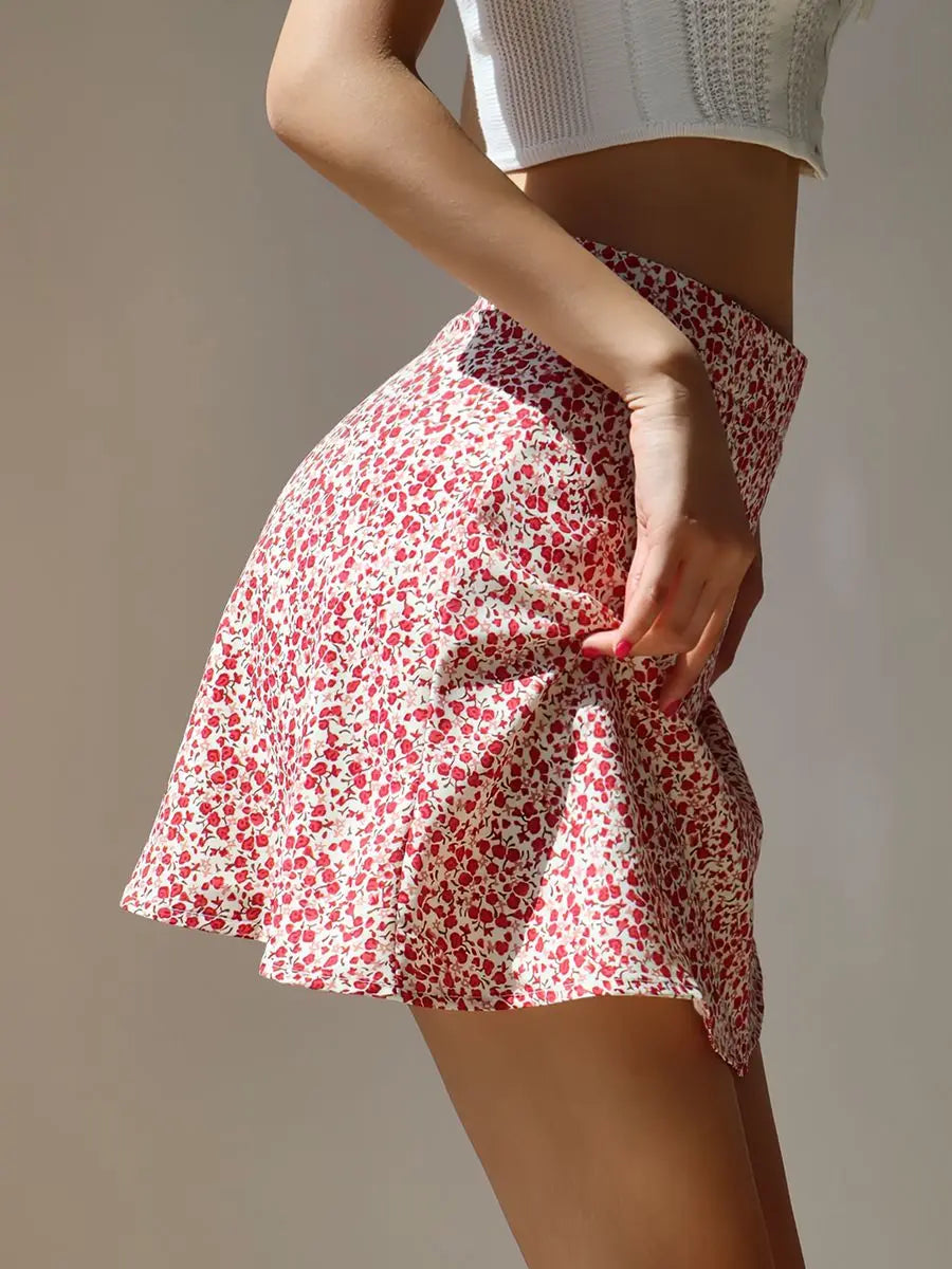 Floral Red High Waist Mini Skirt for Women in Chiffon
