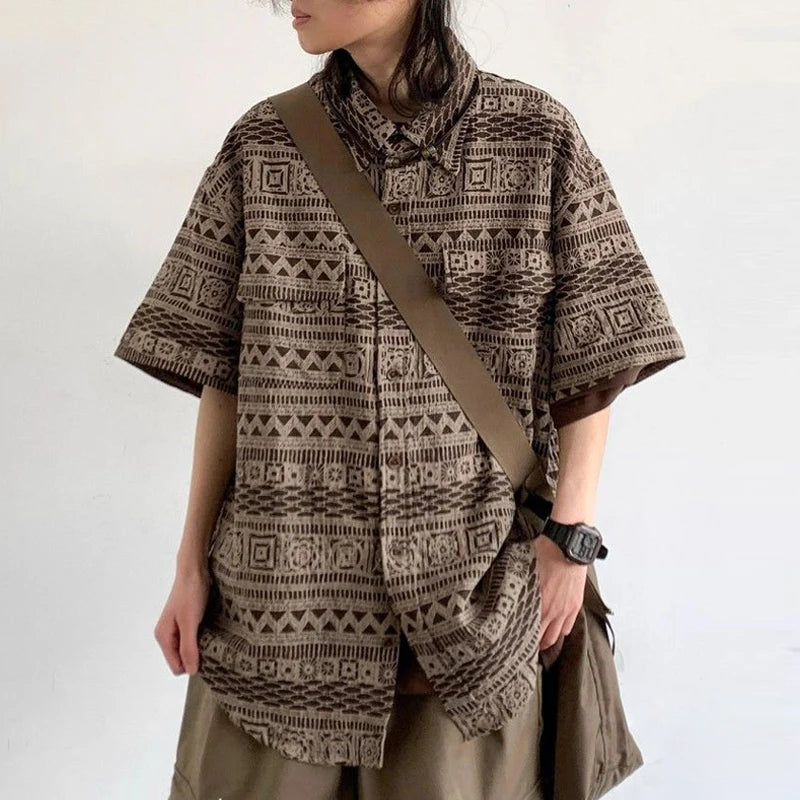 Men Trendy Japanese Style Vintage Print Harajuku Oversize Shirt Summer Casual Streetwear Y2K Short Sleeve Tops Camisas De Hombre