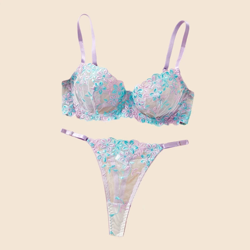 Purple Blue Floral Embroidery Mesh Bra and Panty Set